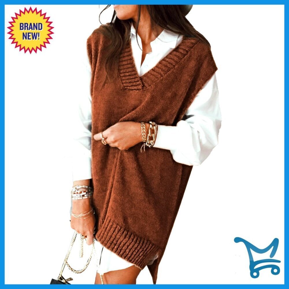 Oversized V Neck Sleeveless Sweater Vest Cable Knit Loose Pullover Top